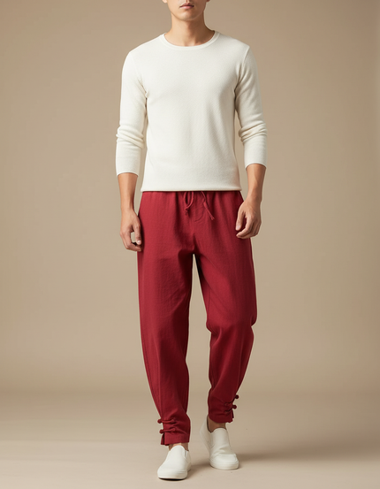 Pantalon Chinois Rouge Coton Lin Ample Décontracté