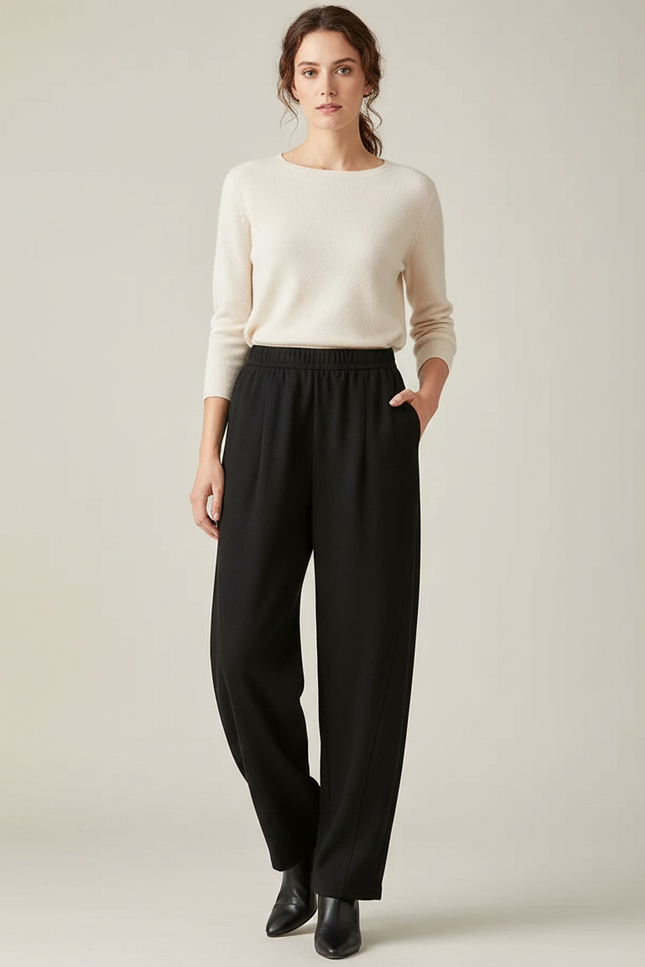 Pantalon Chinois Noir Ample Fluide Élastiqué Élégant Femme - Polyester