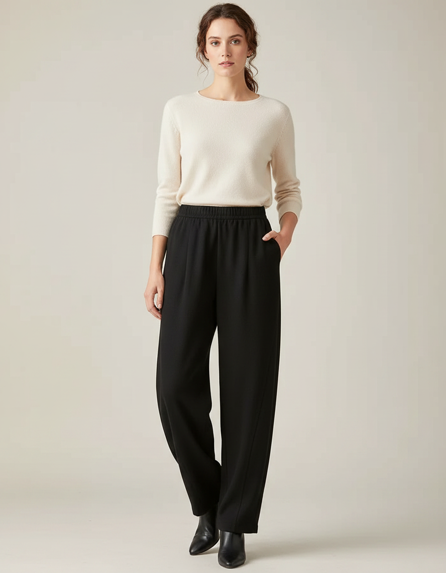 Pantalon Chinois Noir Ample Fluide Élastiqué Élégant Femme - Polyester