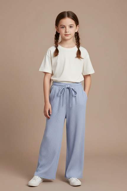 Pantalon Chinois Bleu Ciel Côtelé Ample Confortable Fille - Maille