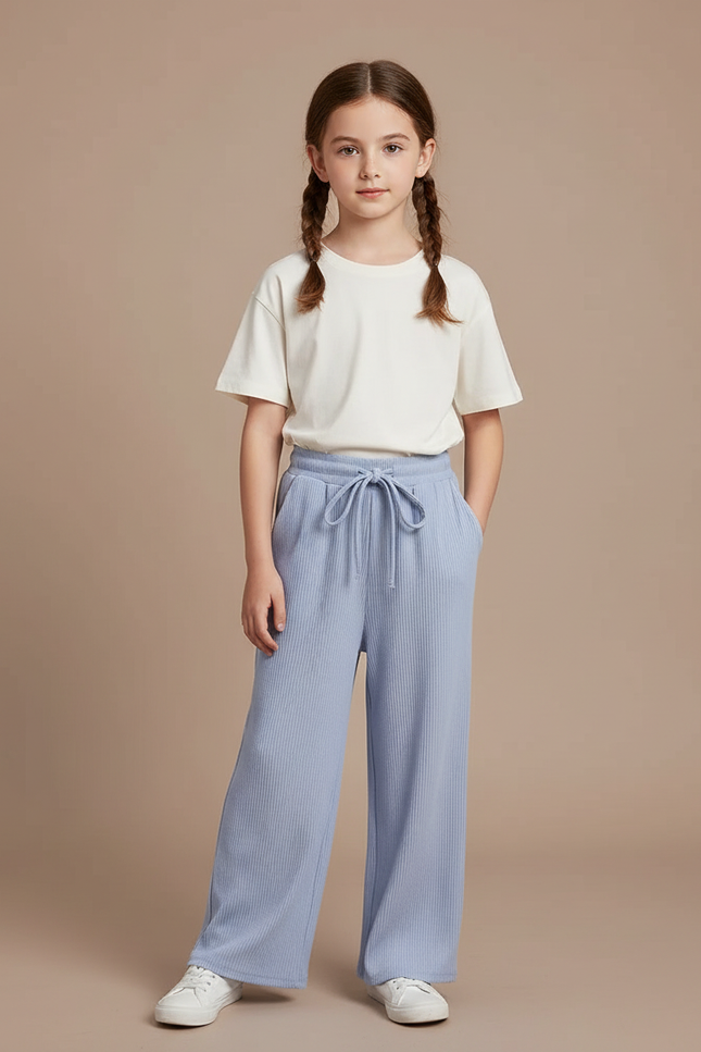 Pantalon Chinois Bleu Ciel Côtelé Ample Confortable Fille - Maille