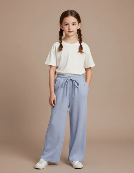 Pantalon Chinois Bleu Ciel Côtelé Ample Confortable Fille - Maille