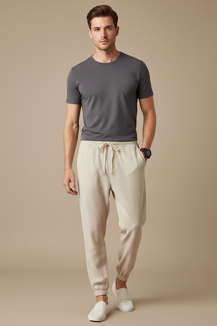 Pantalon Chinois Crème Côtelé Ample Décontracté Homme - Beige Cordé