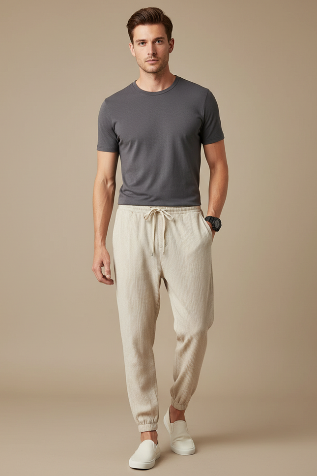 Pantalon Chinois Crème Côtelé Ample Décontracté Homme - Beige Cordé