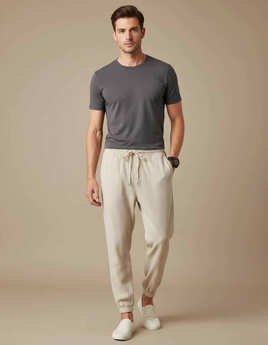 Pantalon Chinois Crème Côtelé Ample Décontracté Homme - Beige Cordé