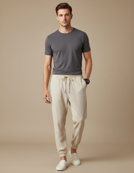 Pantalon Chinois Crème Côtelé Ample Décontracté Homme - Beige Cordé