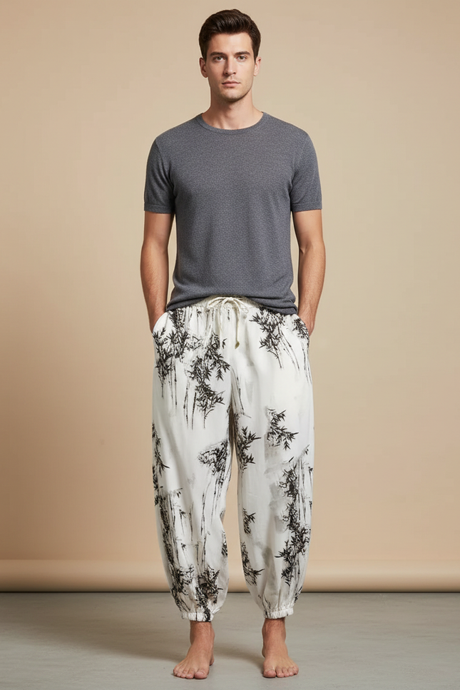 Pantalon Chinois Harem Blanc Imprimé Bambou Décontracté - Coton