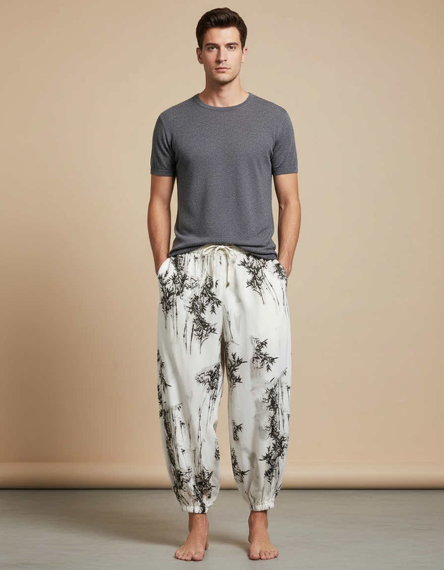 Pantalon Chinois Harem Blanc Imprimé Bambou Décontracté - Coton