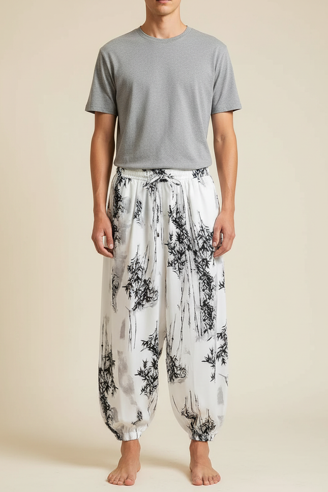 Pantalon Chinois Harem Ample Blanc Bambou Décontracté - Viscose