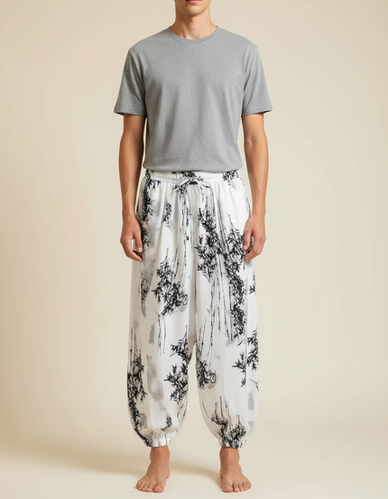 Pantalon Chinois Harem Ample Blanc Bambou Décontracté - Viscose