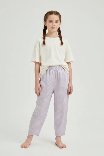 Pantalon Chinois Lilas Ample Imprimé Floral Doux - Violet Viscose