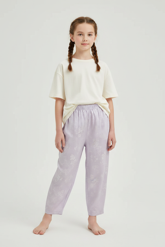 Pantalon Chinois Lilas Ample Imprimé Floral Doux - Violet Viscose
