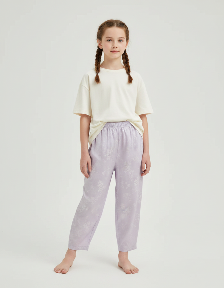 Pantalon Chinois Lilas Ample Imprimé Floral Doux - Violet Viscose