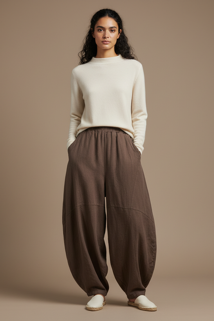 Pantalon Chinois Marron Lin Ample Sarouel Confortable Femme