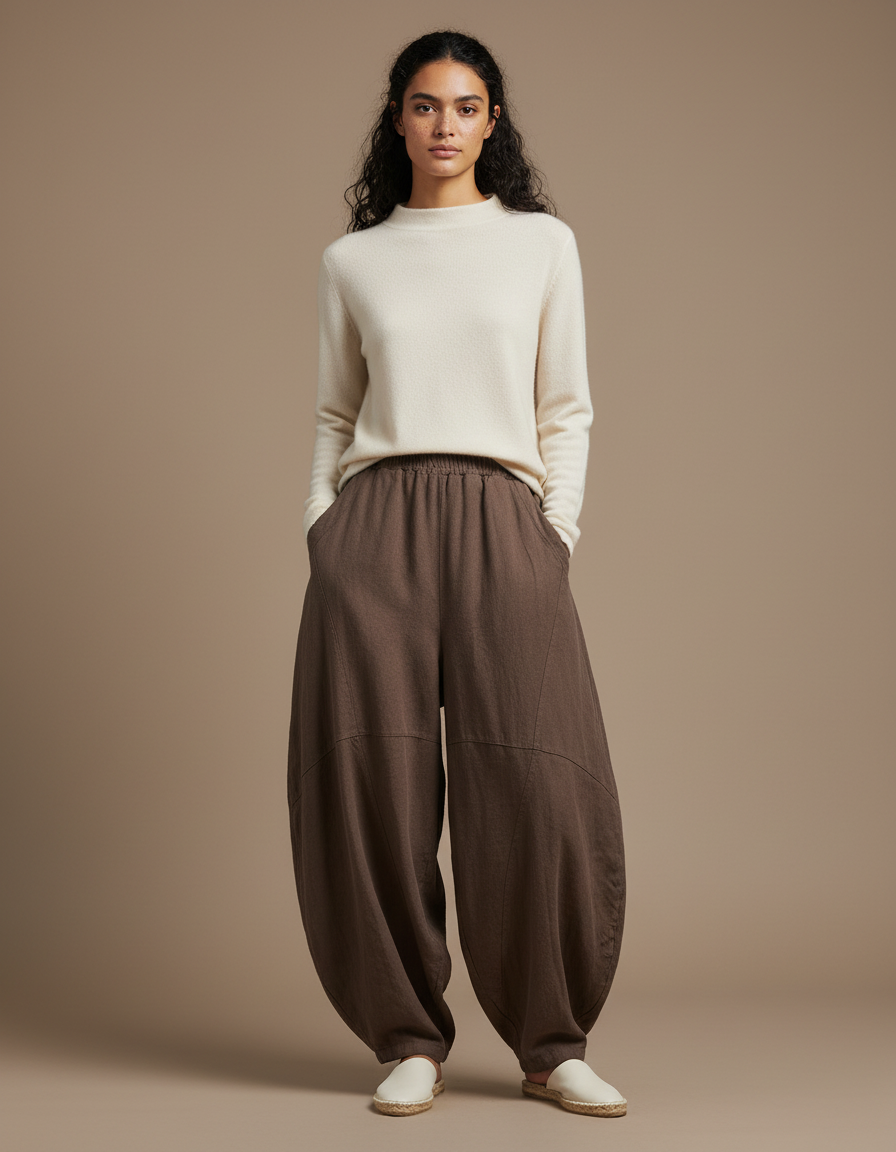 Pantalon Chinois Marron Lin Ample Sarouel Confortable Femme