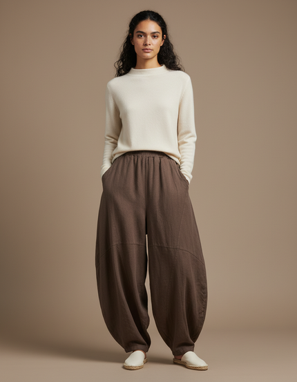 Pantalon Chinois Marron Lin Ample Sarouel Confortable Femme