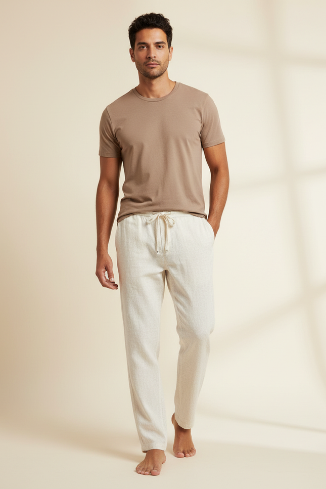 Pantalon Chinois Crème Lin Ample Décontracté Homme - Beige