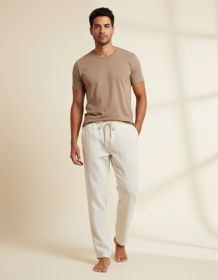 Pantalon Chinois Crème Lin Ample Décontracté Homme - Beige
