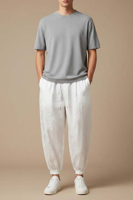 Pantalon Chinois Harem Dragon Blanc Ample Coton