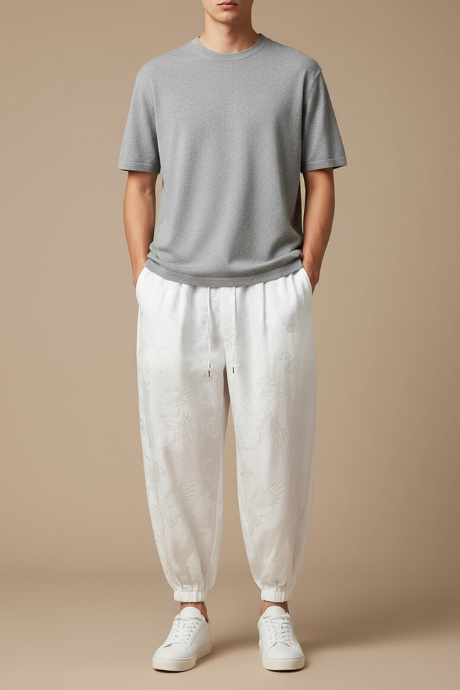 Pantalon Chinois Harem Dragon Blanc Ample Coton