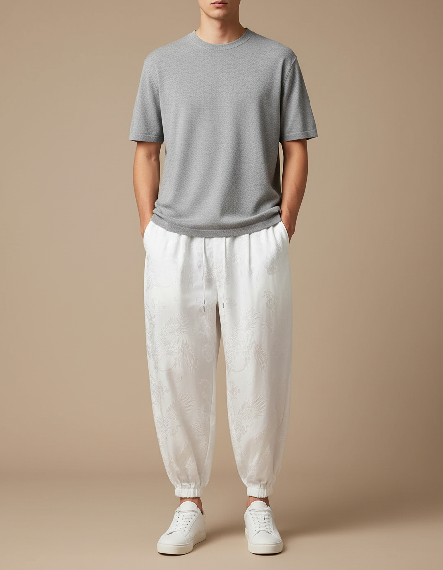Pantalon Chinois Harem Dragon Blanc Ample Coton
