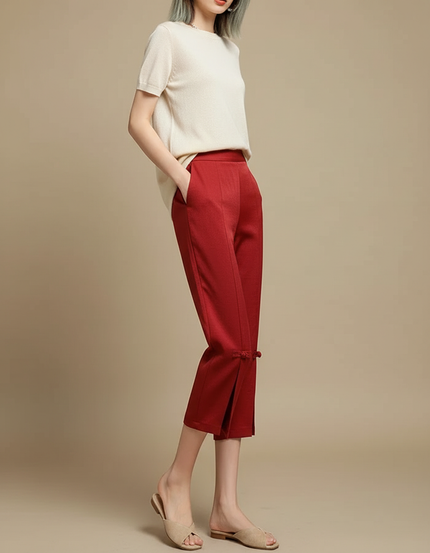 Pantalon Chinois Rouge Coton Coupe Droite Cheville Fendue