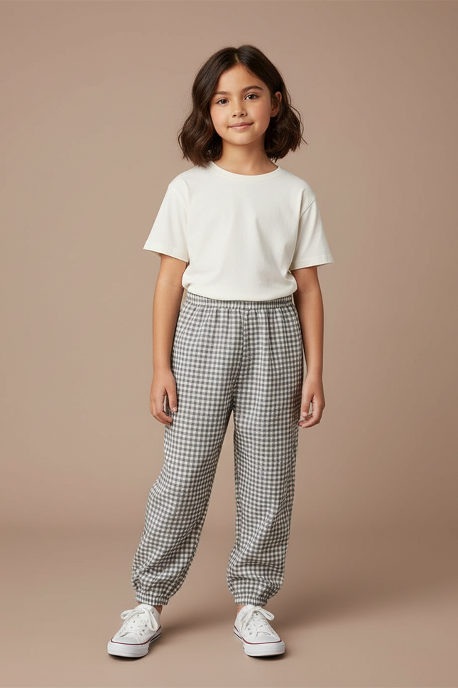 Pantalon Chinois Carreaux Gris Ample Enfant Décontracté - Coton