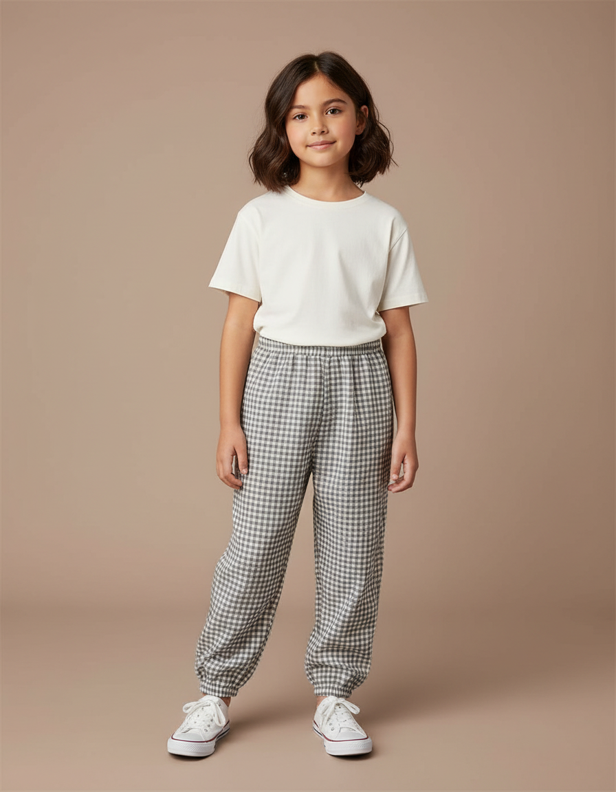 Pantalon Chinois Carreaux Gris Ample Enfant Décontracté - Coton