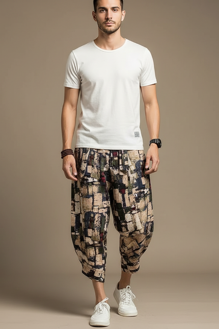 Pantalon Chinois Harem Imprimé Géométrique Ample Coton Lin