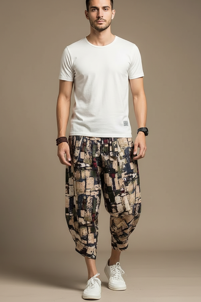 Pantalon Chinois Harem Imprimé Géométrique Ample Coton Lin