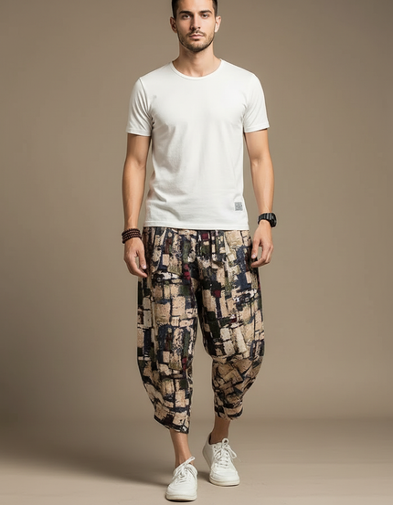 Pantalon Chinois Harem Imprimé Géométrique Ample Coton Lin