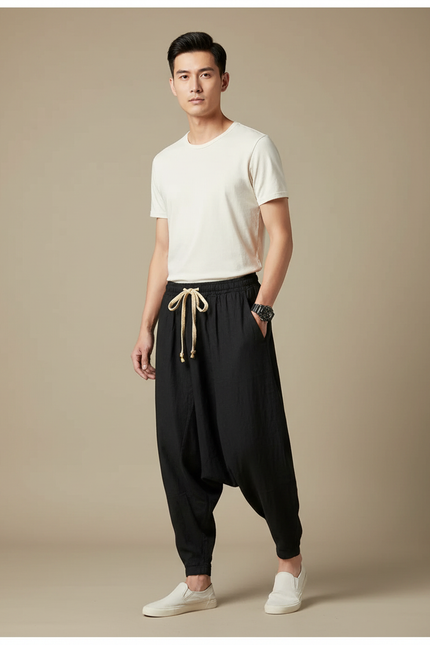 Pantalon Chinois Harem Lin Coton Ample Noir Homme