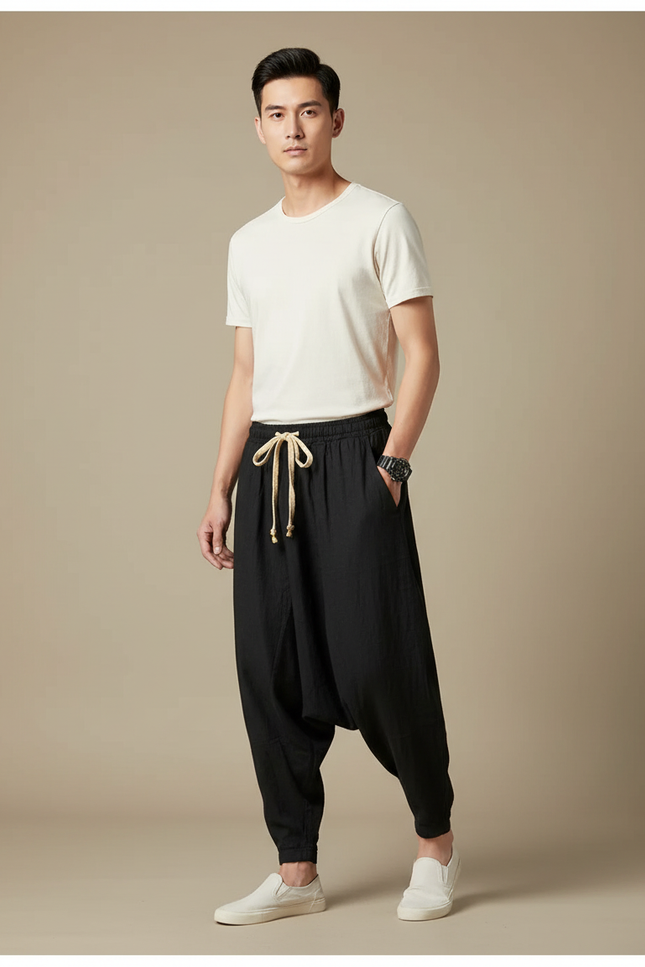 Pantalon Chinois Harem Lin Coton Ample Noir Homme