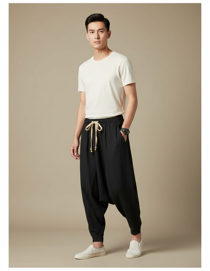 Pantalon Chinois Harem Lin Coton Ample Noir Homme