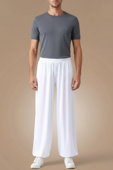 Pantalon Chinois Blanc Ample Fluide Élastiqué Unisexe - Viscose