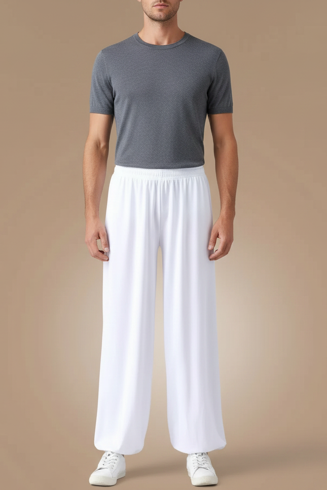 Pantalon Chinois Blanc Ample Fluide Élastiqué Unisexe - Viscose