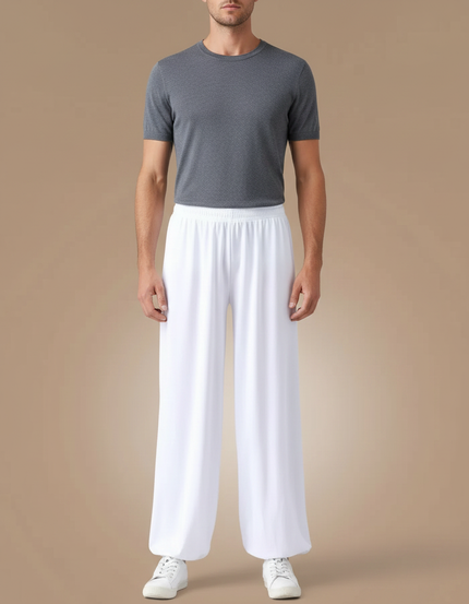 Pantalon Chinois Blanc Ample Fluide Élastiqué Unisexe - Viscose