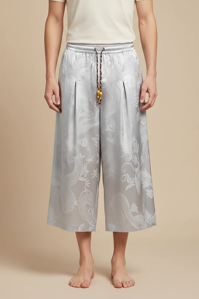 Pantalon Chinois Gris Ample Jacquard Dragon Soie Homme - Argenté