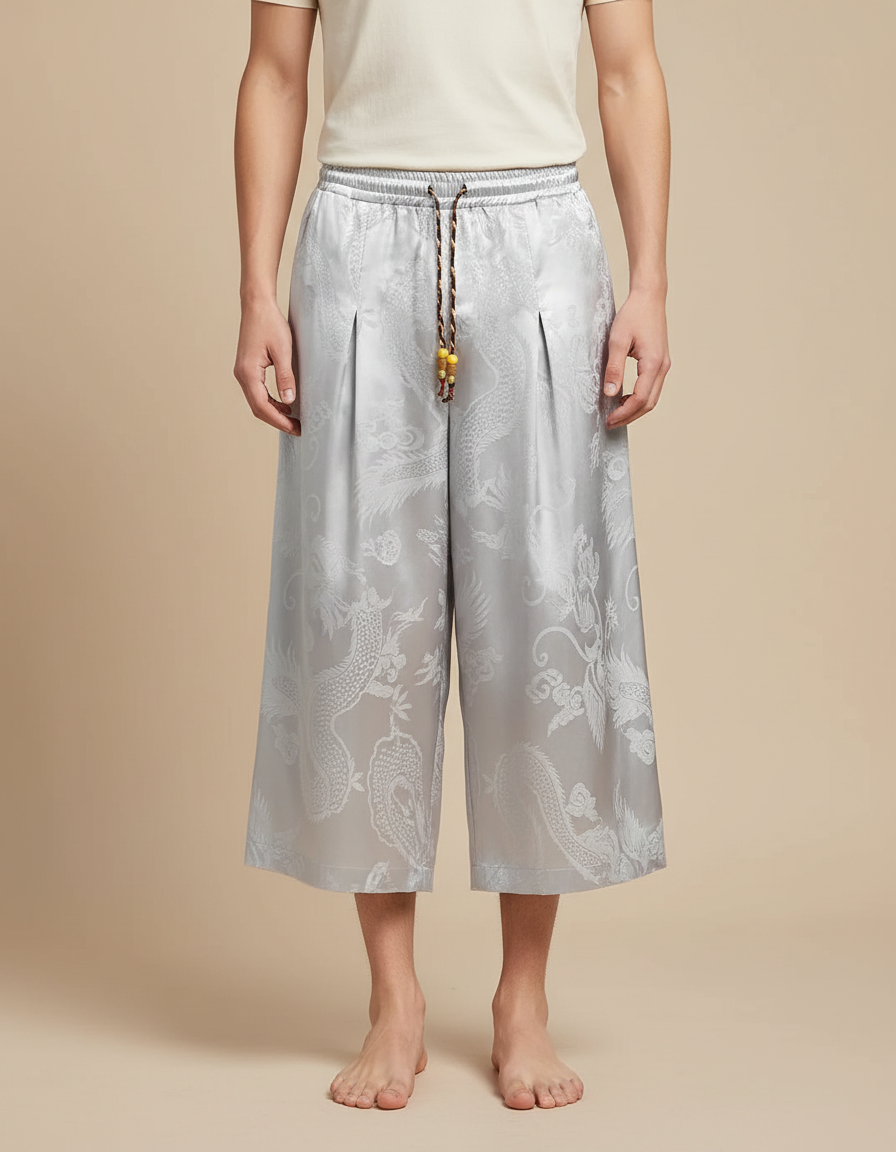 Pantalon Chinois Gris Ample Jacquard Dragon Soie Homme - Argenté