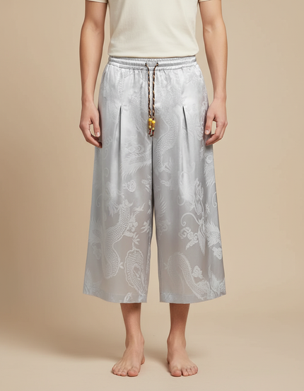 Pantalon Chinois Gris Ample Jacquard Dragon Soie Homme - Argenté