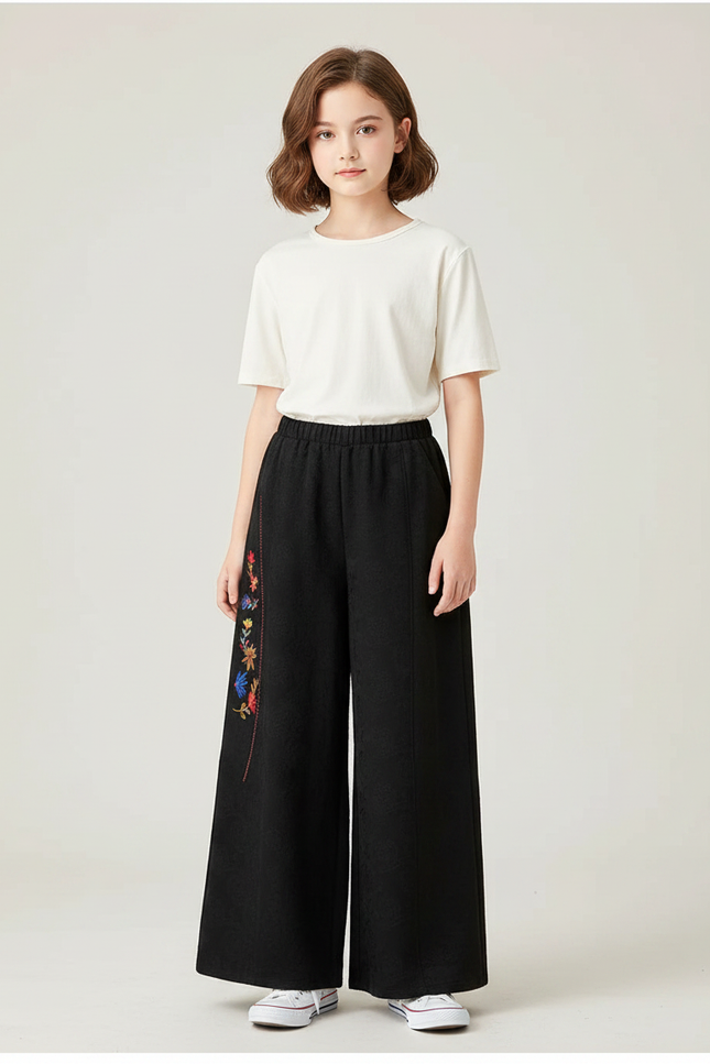 Pantalon Chinois Fille Noir Ample Coton - Toile