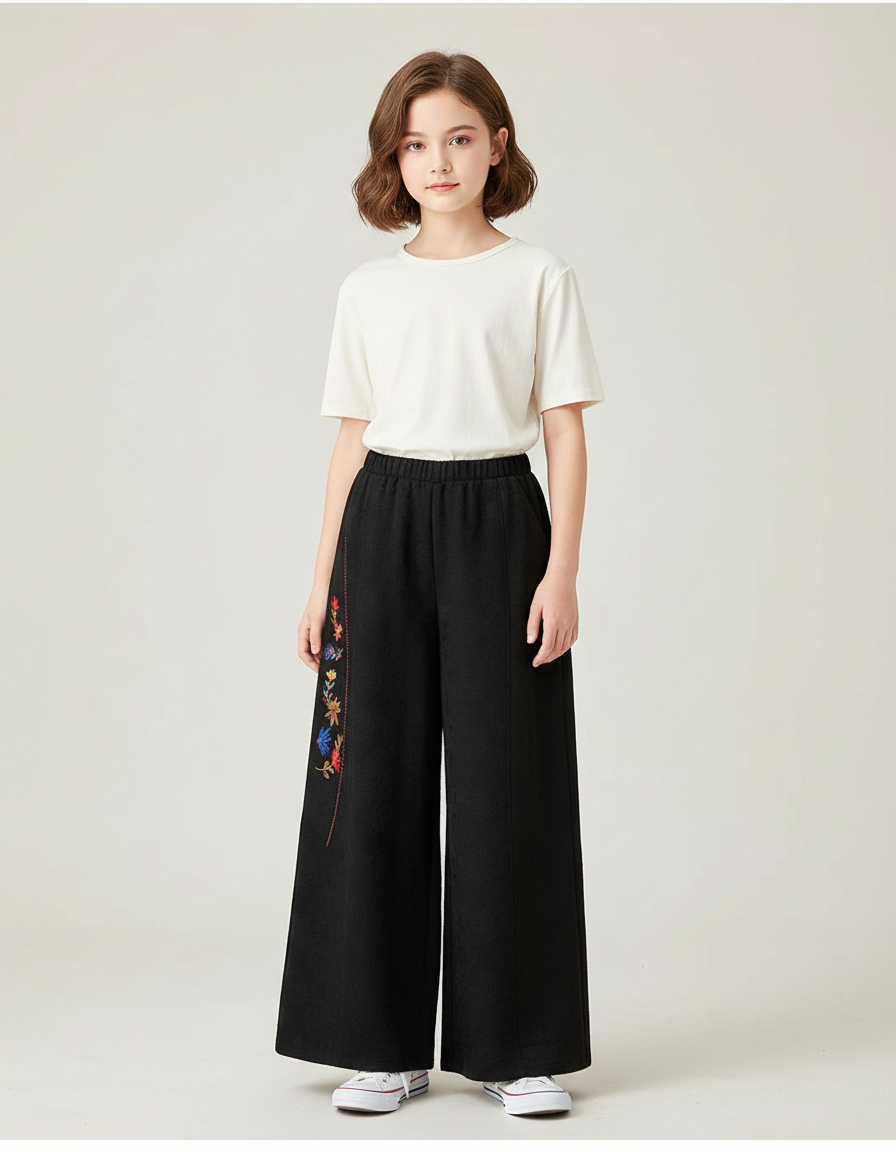 Pantalon Chinois Fille Noir Ample Coton - Toile