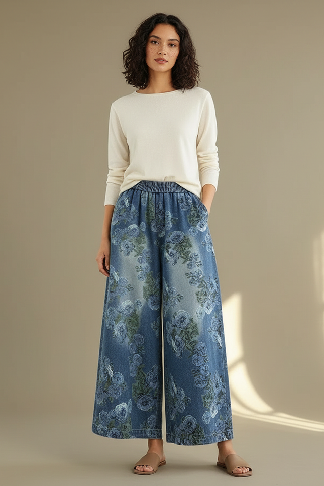 Pantalon Chinois Denim Floral Ample Fluide Imprimé - Jean