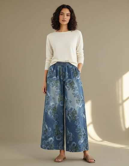 Pantalon Chinois Denim Floral Ample Fluide Imprimé - Jean