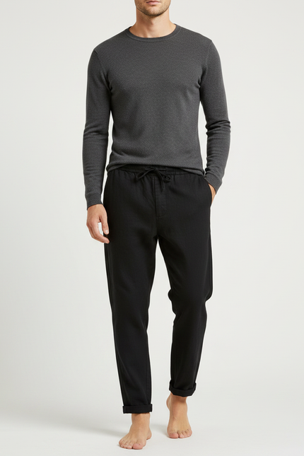 Pantalon Chinois Noir Décontracté Droit Cordon Homme - Lin
