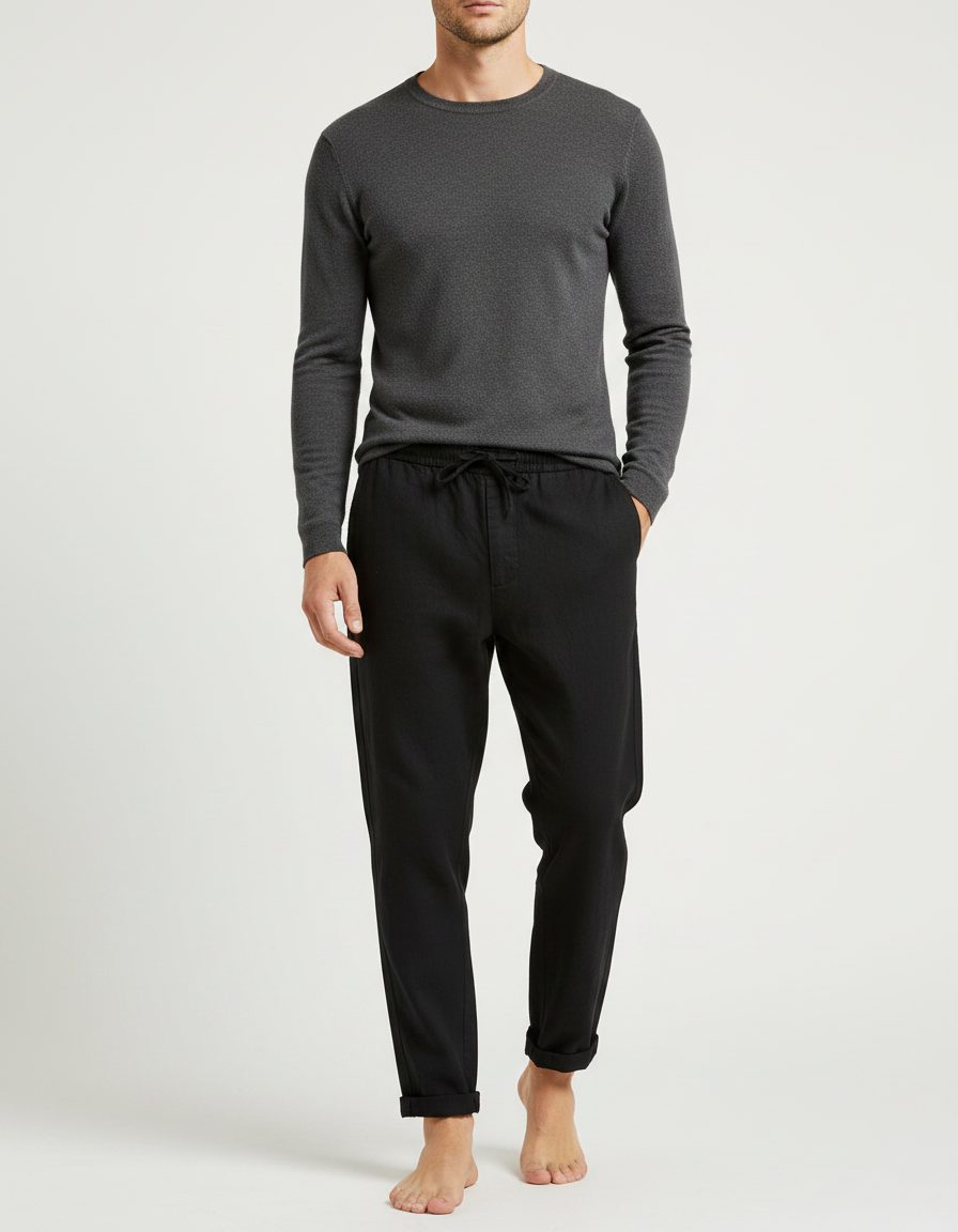 Pantalon Chinois Noir Décontracté Droit Cordon Homme - Lin