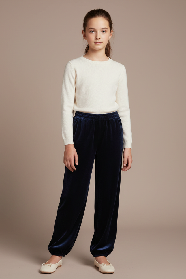 Pantalon Chinois Velours Bleu Marine Ample Élastique Fille