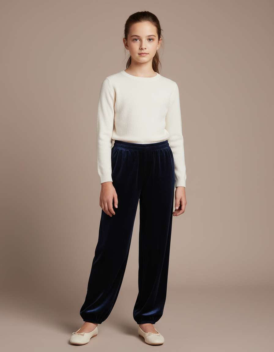 Pantalon Chinois Velours Bleu Marine Ample Élastique Fille
