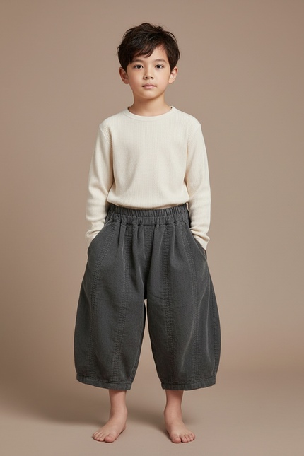 Pantalon Chinois Gris Coton Ample Unisexe Rétro - Cordé