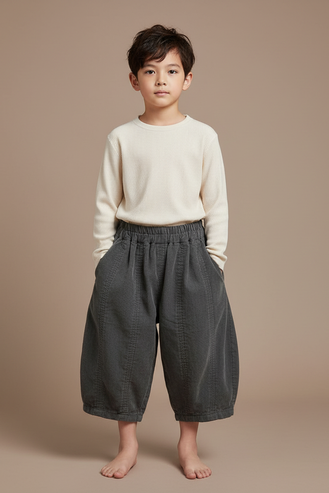 Pantalon Chinois Gris Coton Ample Unisexe Rétro - Cordé